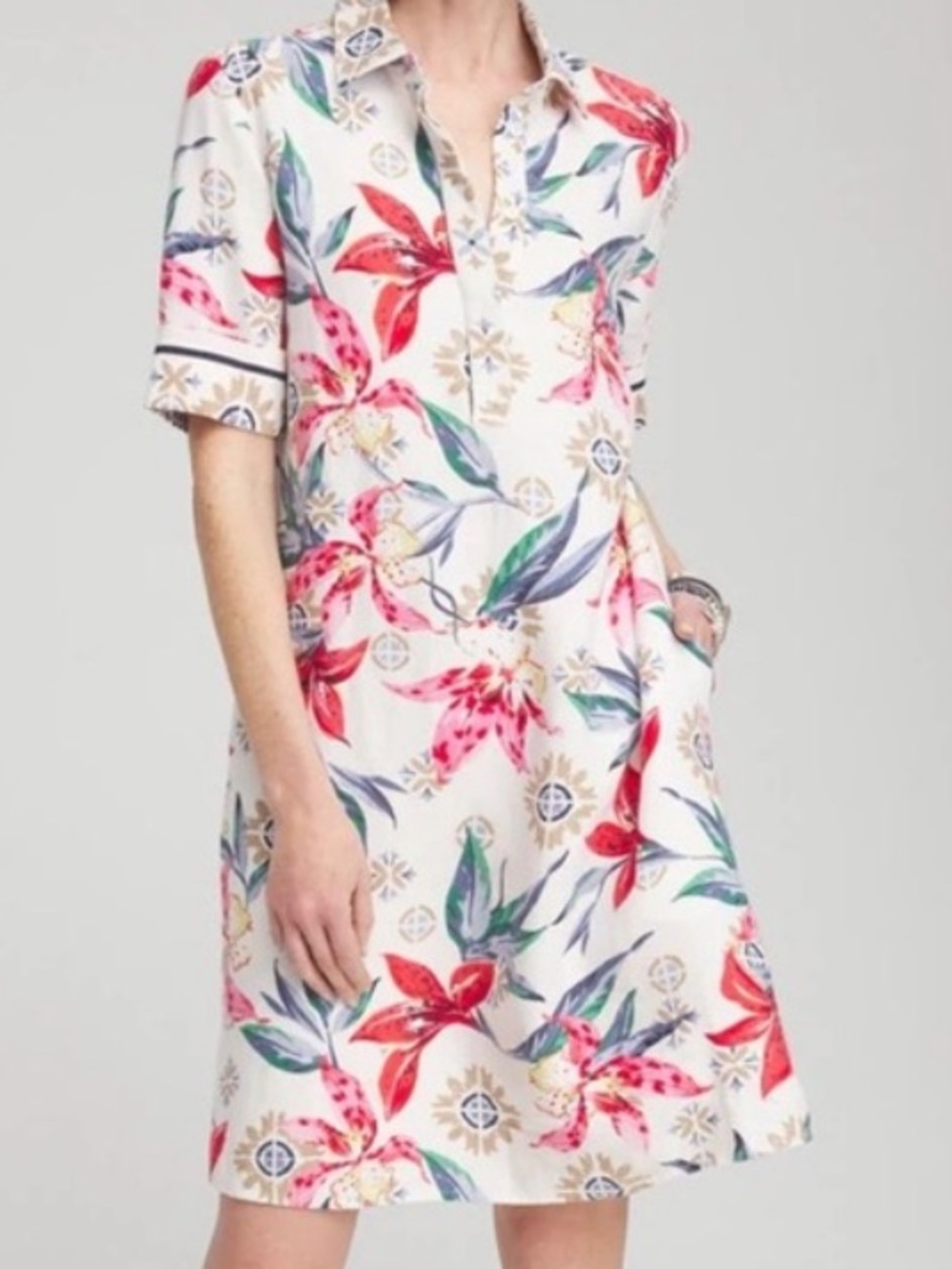 Chico’s 100% Linen Floral Popover Mini Shirt Dress Women Sz 6 White Red Blue
